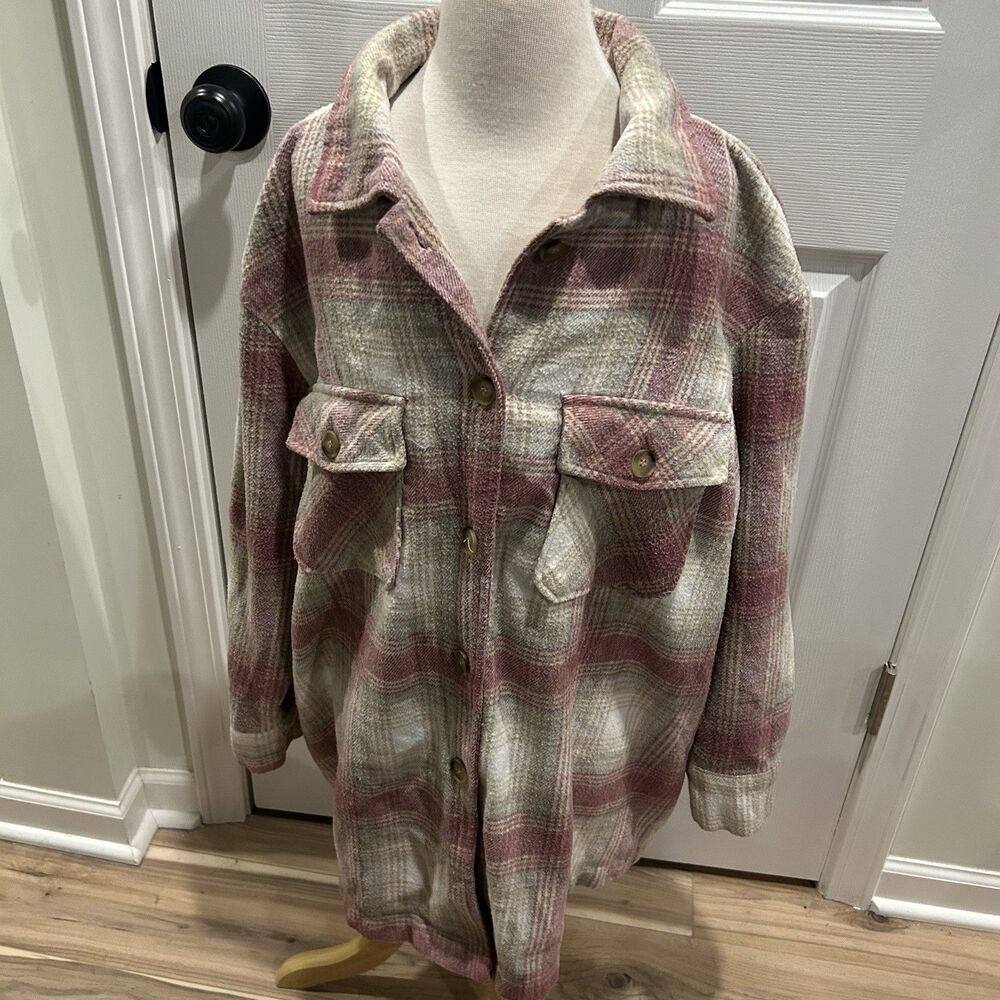 Emma's Expressions Maternity Flannel Shirt Jacket Women’s Large Pink Plaid